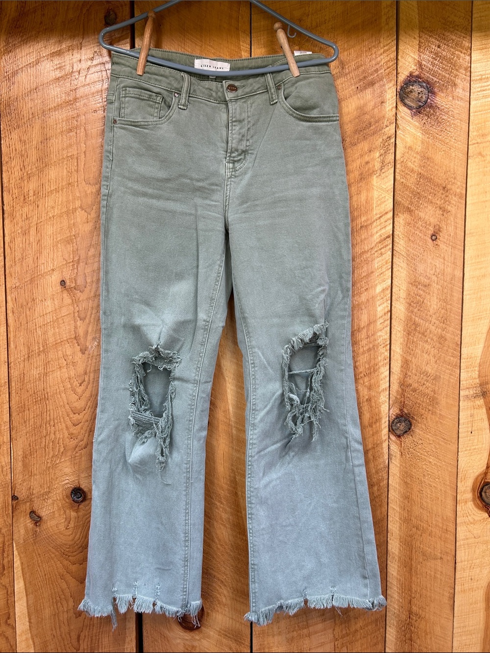 Risen Sage Green Distressed Flare Jeans. Worn once.